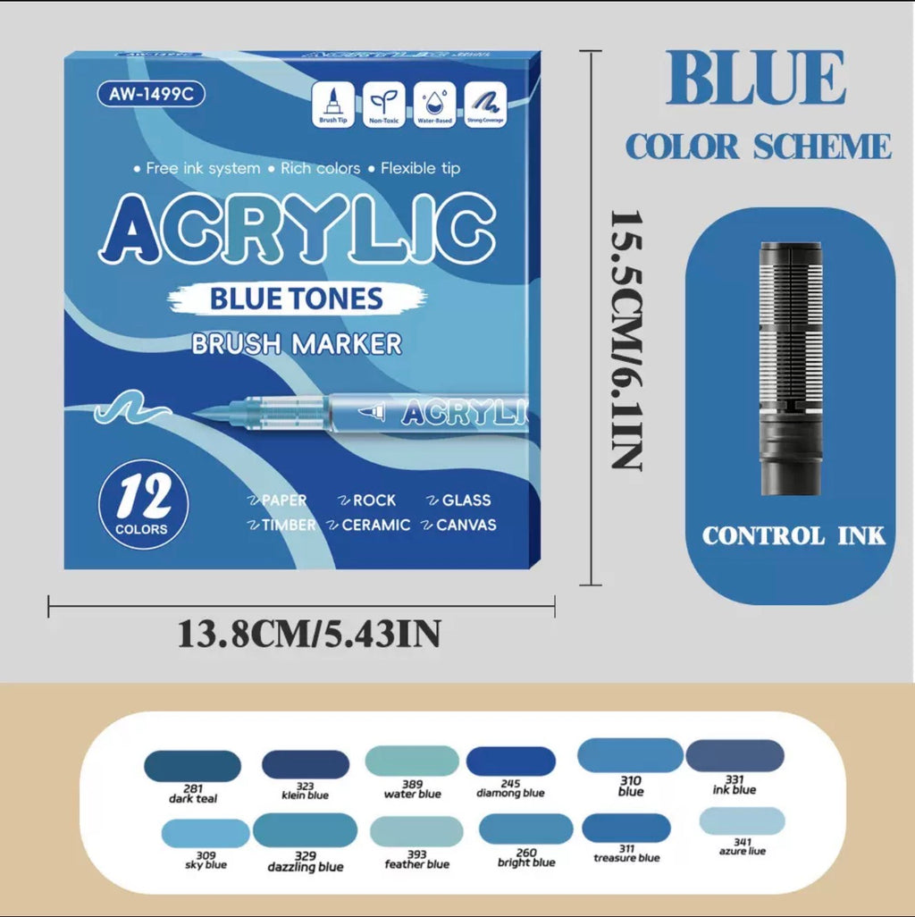 12-Color Acrylic Brush Markers – 1–5mm Flexible Tip, Multi-Surface Paint Pens