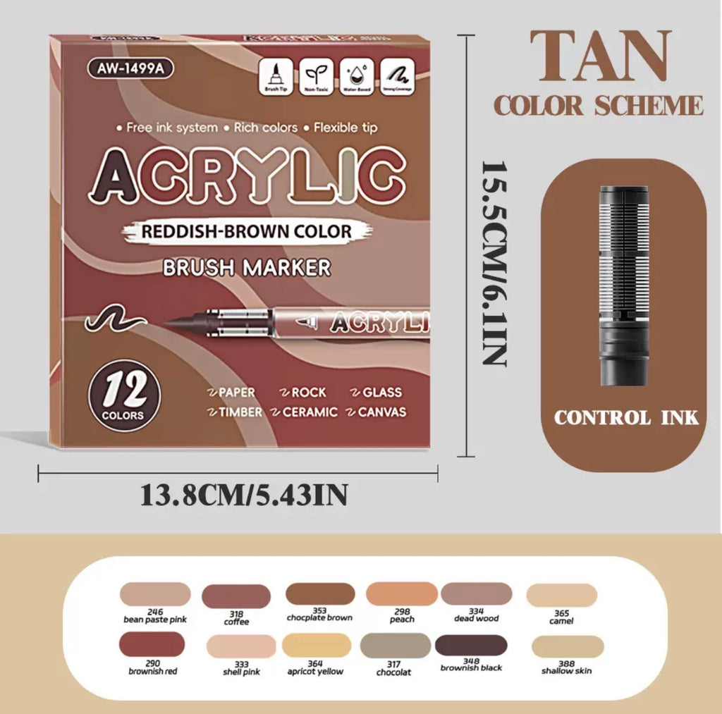 12-Color Acrylic Brush Markers – 1–5mm Flexible Tip, Multi-Surface Paint Pens