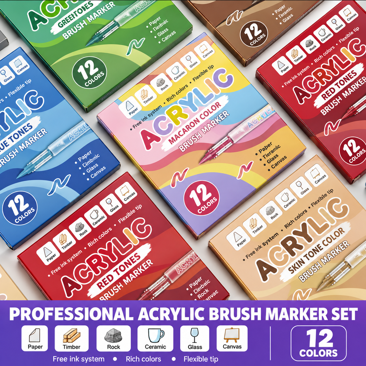 12-Color Acrylic Brush Markers – 1–5mm Flexible Tip, Multi-Surface Paint Pens