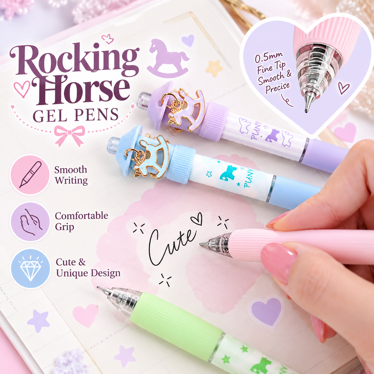 Rocking Horse Gel Pen – Cute Pastel 0.5mm Smooth Writing Pen
