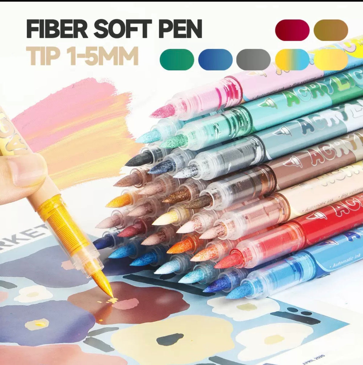 12-Color Acrylic Brush Markers – 1–5mm Flexible Tip, Multi-Surface Paint Pens