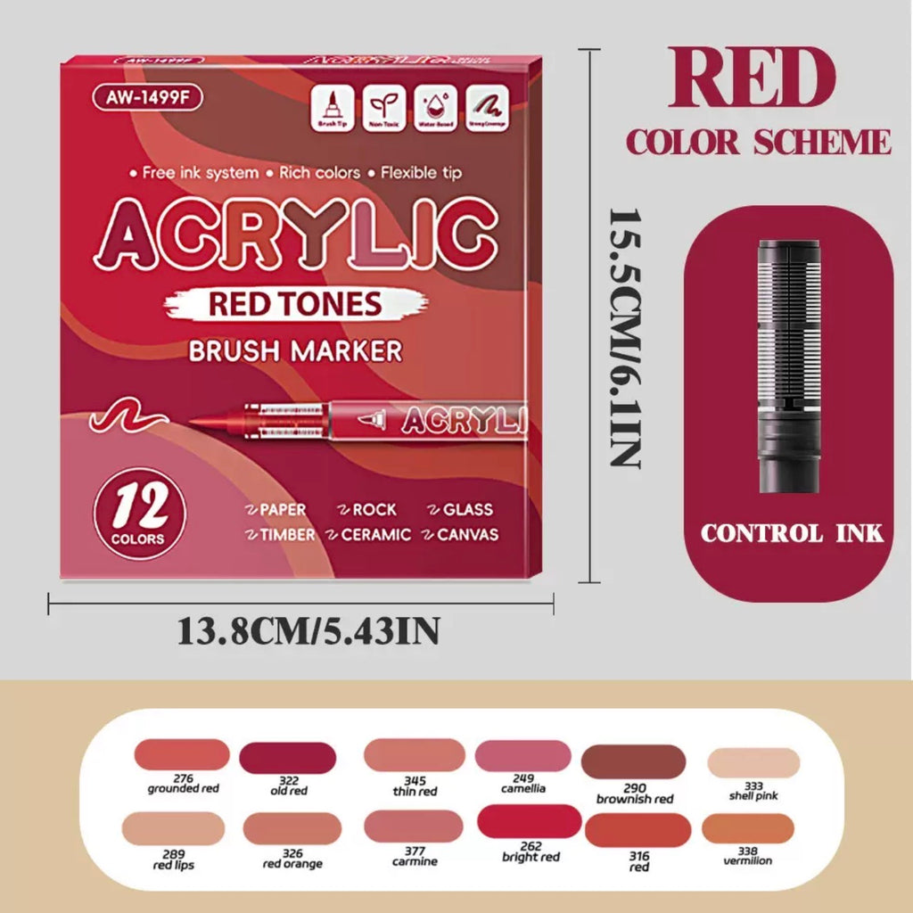 12-Color Acrylic Brush Markers – 1–5mm Flexible Tip, Multi-Surface Paint Pens