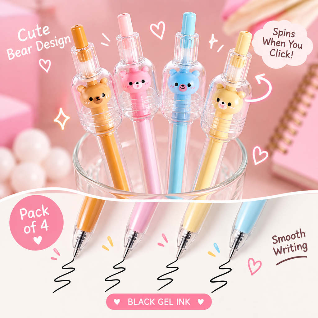 🧸 Cozy Bear Gel Pen Set — 4 Pack