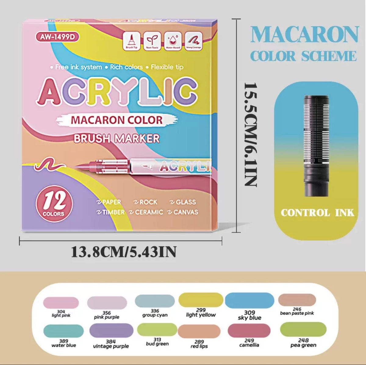 12-Color Acrylic Brush Markers – 1–5mm Flexible Tip, Multi-Surface Paint Pens
